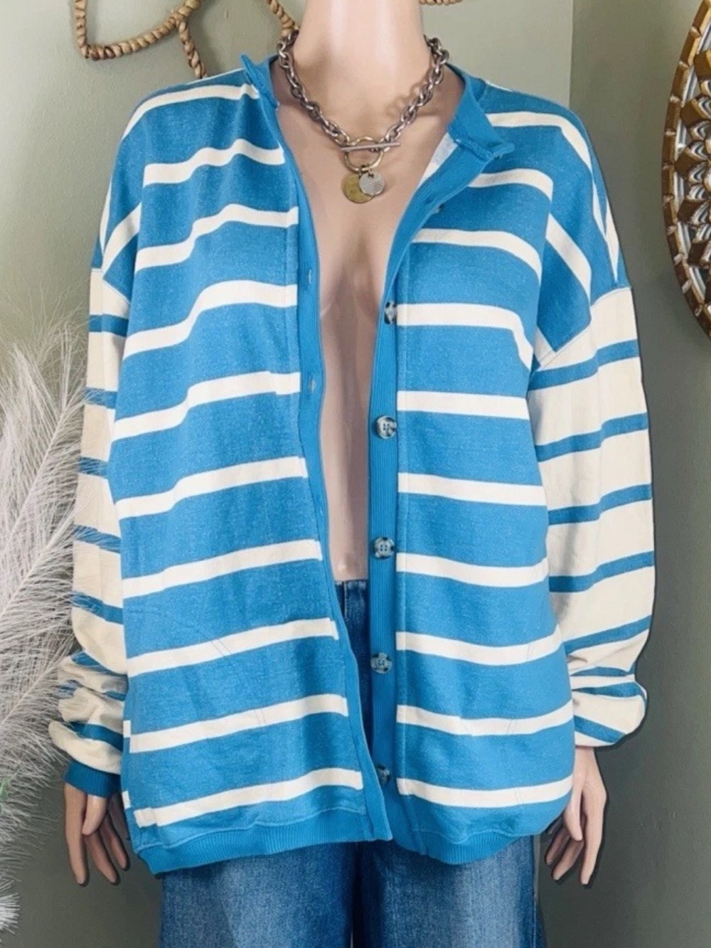 Free People We the Free Classic Striped Cardigan in Teal Combo Size Small - Picture 5 of 16
